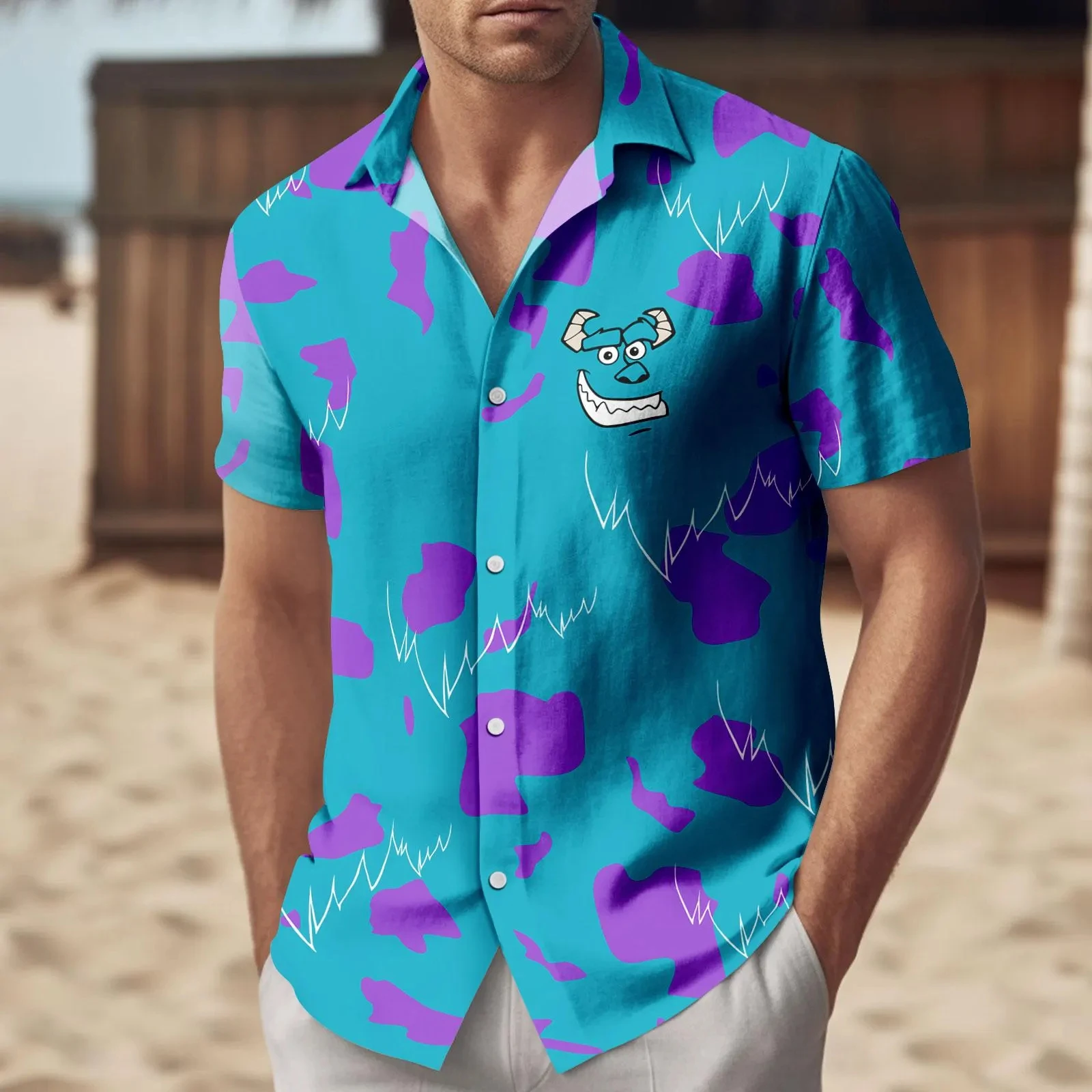 

Monsters Inc Sulley Гавайская рубашка с рукавами, милая рубашка на пуговицах для отпуска, летняя рубашка на пуговицах, повседневная мужская одежда из мультфильма