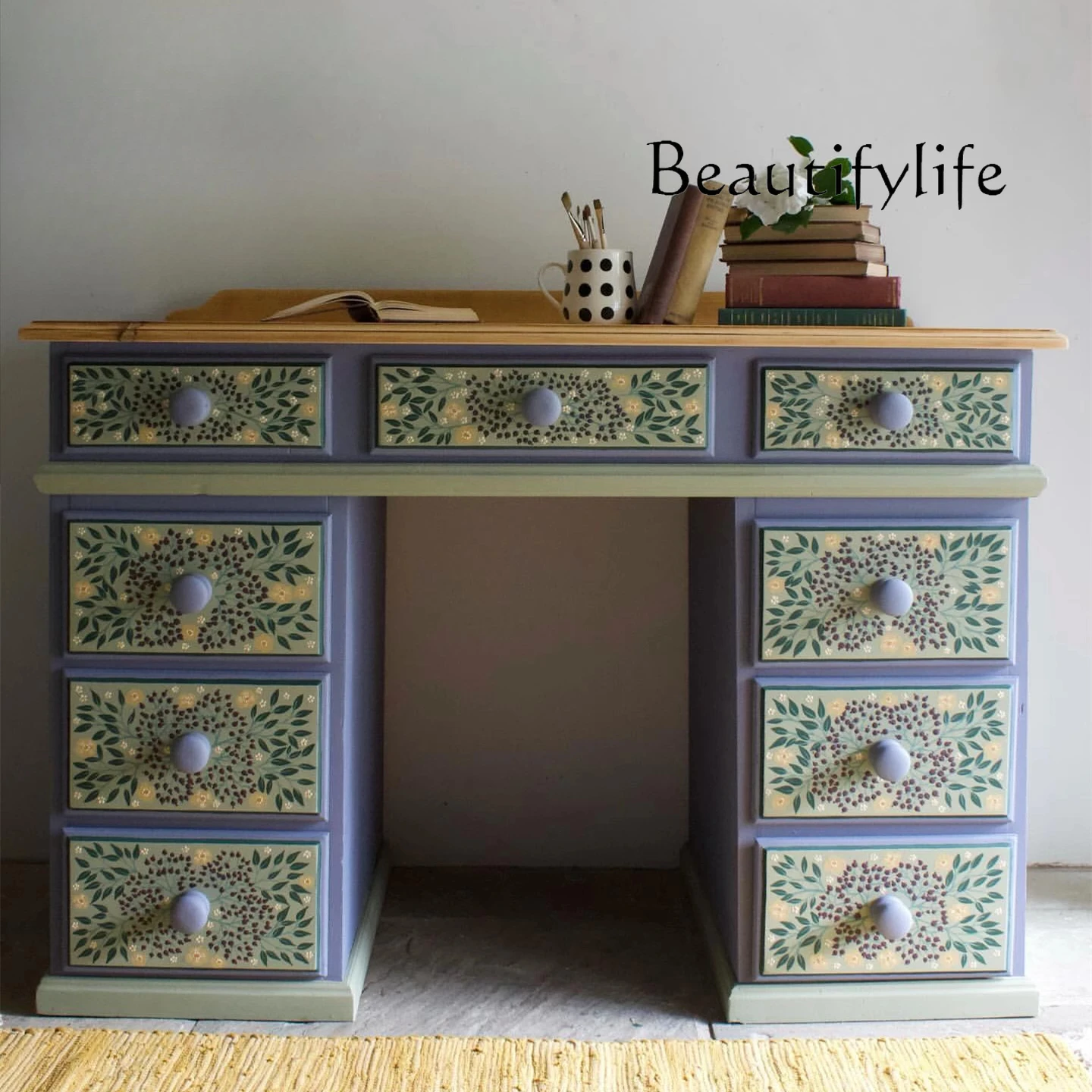 

French retro solid wood hand-painted desk American modern simple multi-pump storage cosmetic table furniture can be customized