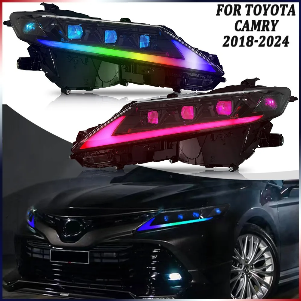 

1 пара светодиодных фар RGB для Toyota Camry 8-го поколения 2018-2024, передняя фара в сборе, аксессуары для фар DRL