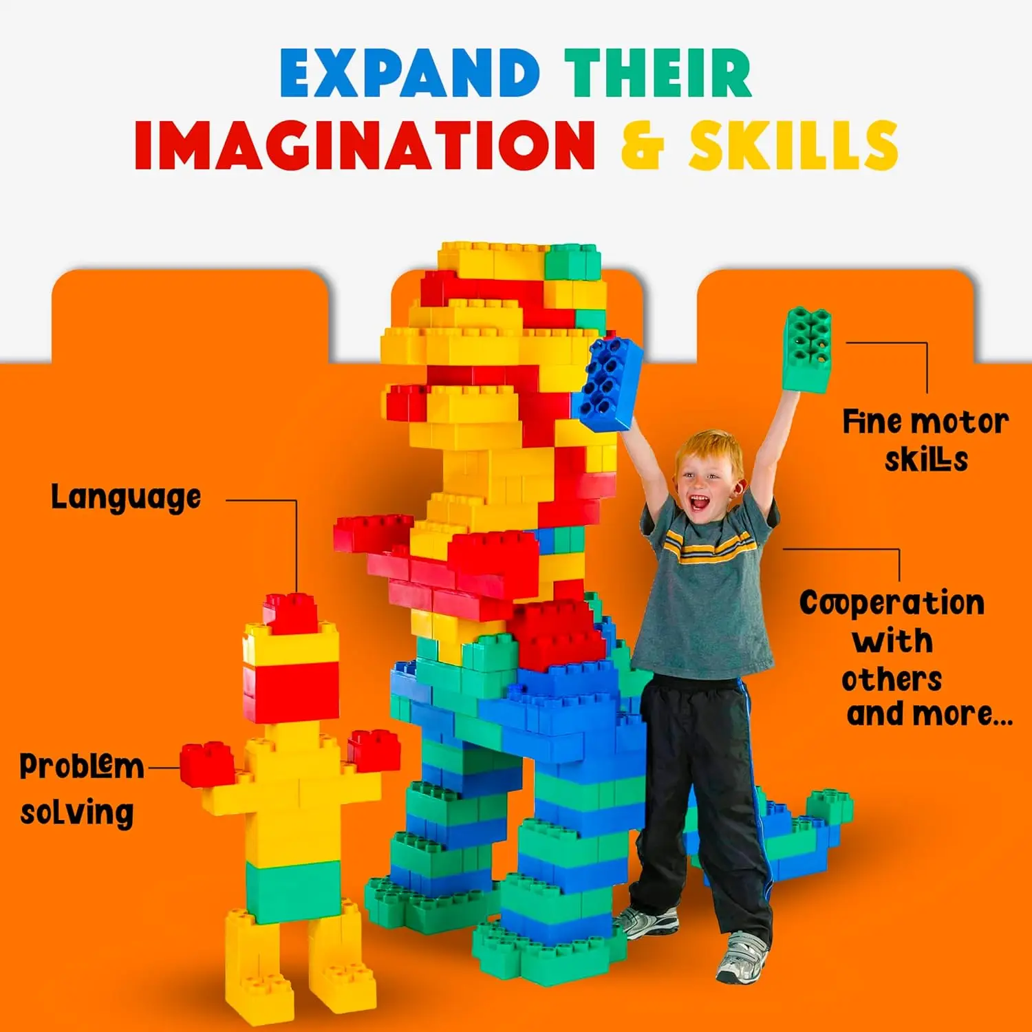 Gros blocs pour enfants âgés de 4 à 8 ans – Blocs intérieurs et extérieurs pour jeux d'enfants – Grand blocs de construction (36 pièces avec 3 voitures), ensemble de train