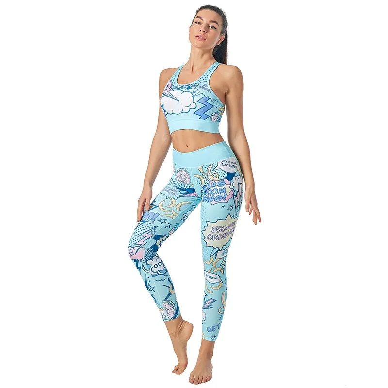 Printed Pants Bottoms Women\'s Sports Fitness Bra Yoga Suit Explosive Cartoon Letter Pattern Absorb Sweat Breathable Sweat