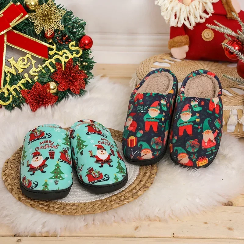 Christmas Slippers  Printing Home Men Women Couples Plush Casual Warm Shoes Floor Slides Women Winter Zapatos De Mujer2025