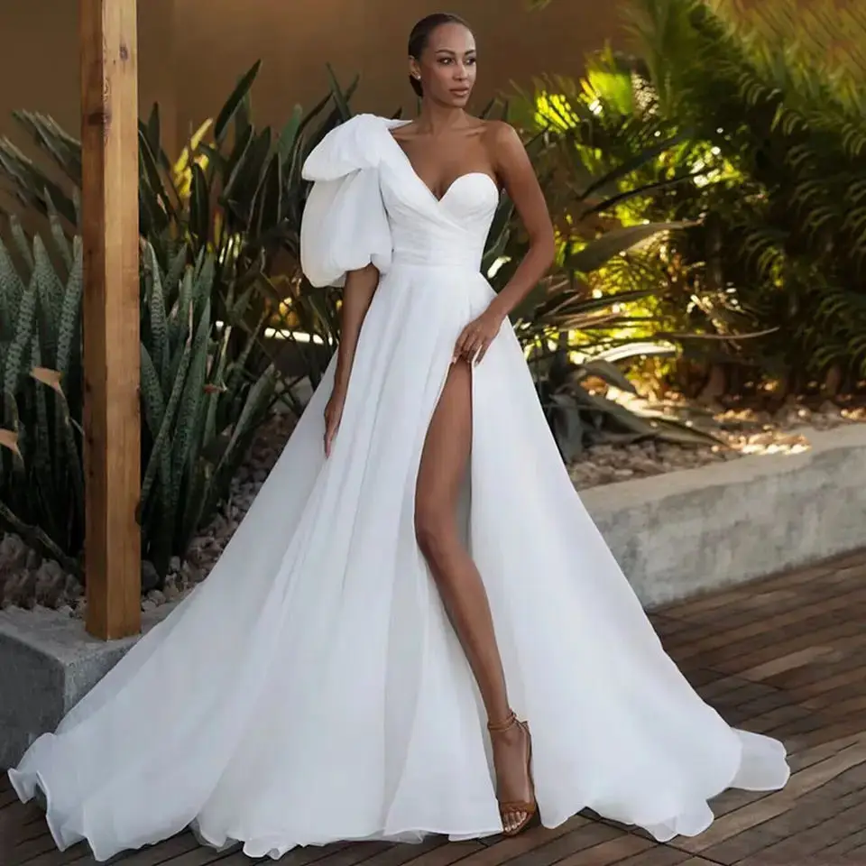 

A-line Robes De Mariage Organza 2024 Wedding Dress Side Slit Trouwjurk Simple One Puff Sleeve Custom Made