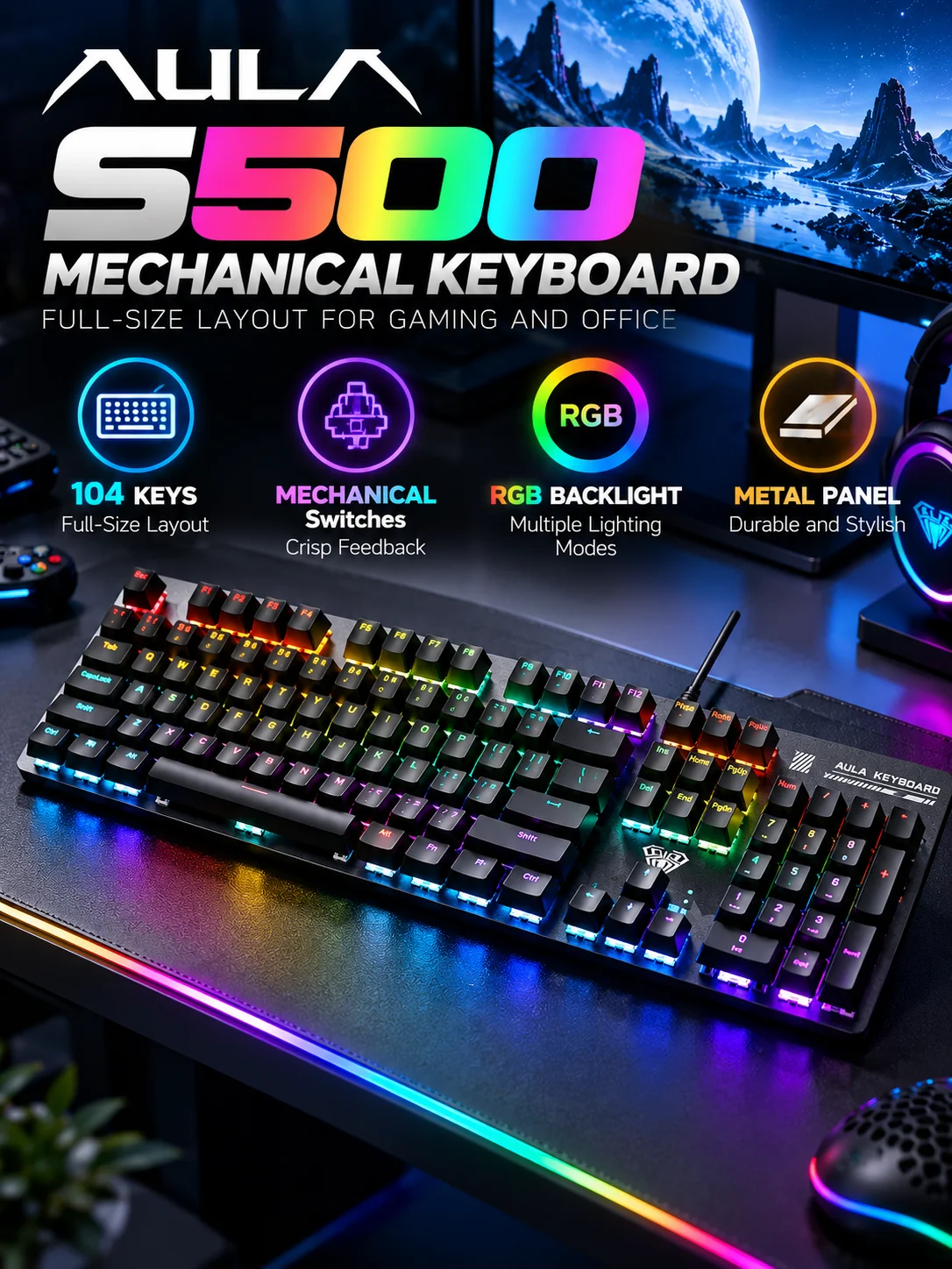 AULA S500 Mechanical Gaming Keyboard 104 Keys Wired RGB Full Size Metal Panel PBT Keycaps
