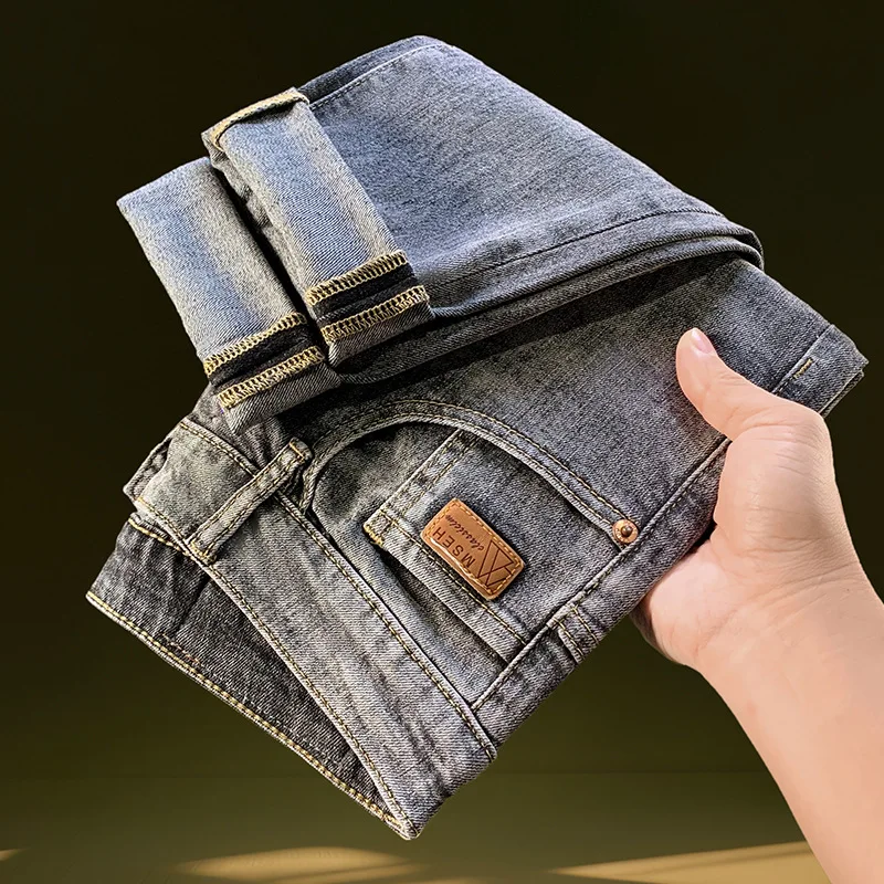 Scratched jeans men's summer trendy street fashion high-end retro washed elastic denim men's pants