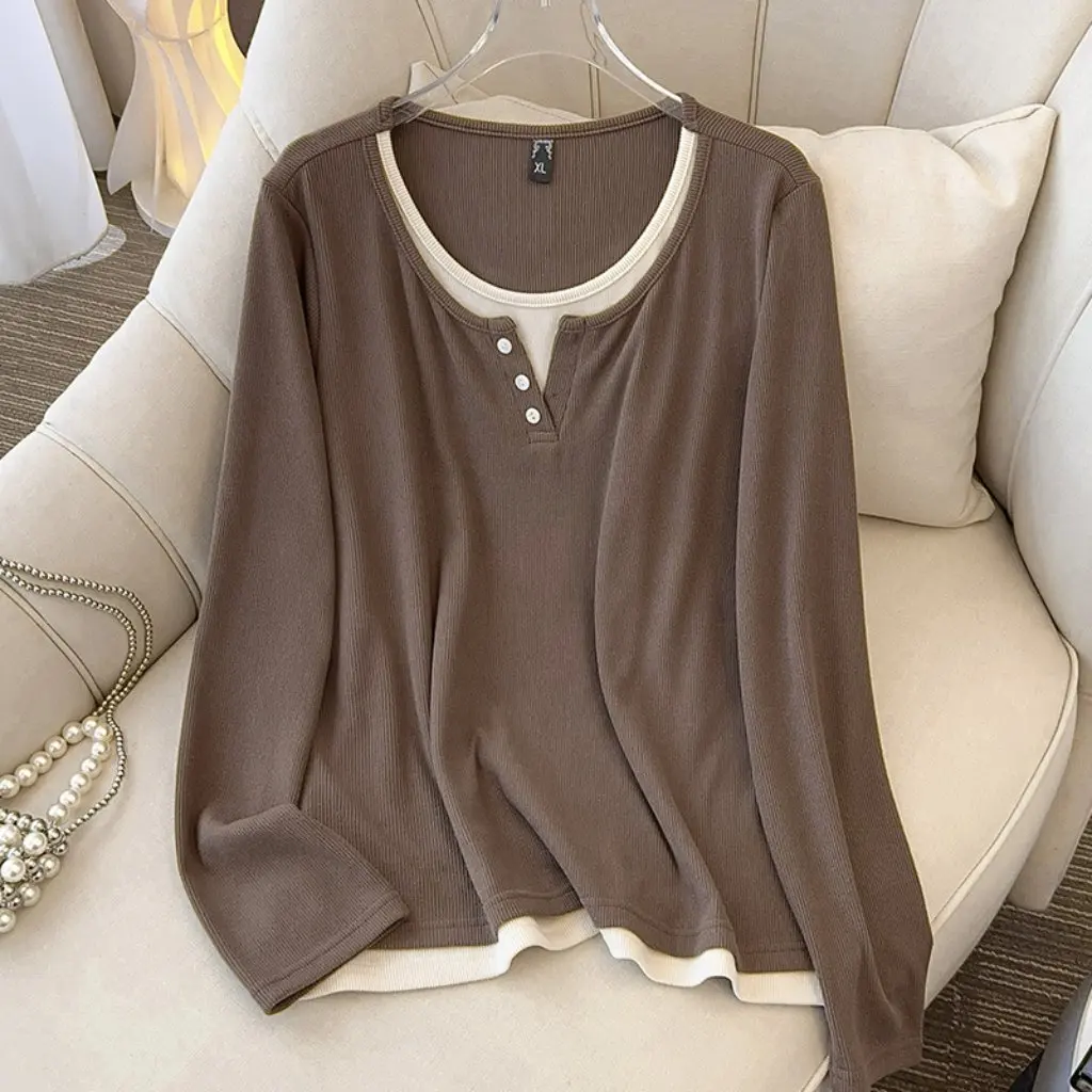 

Большие размеры 240 кг, дизайн куртки, удобная темпераментная свободная трикотажная футболка контрастного цвета, искусственный двухсекционный Джокер, ленивый стиль