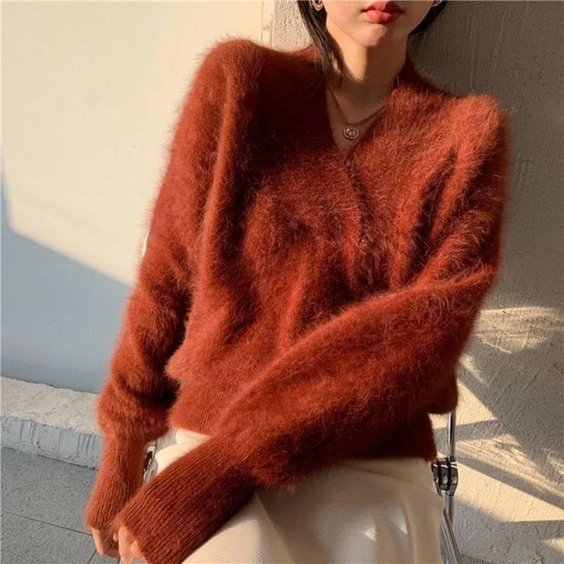 Luxury Mink Cashmere Sweaters Y2k Women V Neck Pullovers Sweet Elegant Winter Mohair Knitted Thick Soft Loose Sweaters White Red