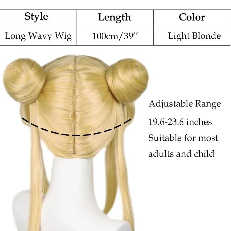 بحار القمر Tsukino Usagi طويل مجعد شقراء ذيل حصان شعر مستعار مع 2 ذيل حصان مع قبعة شعر مستعار لحفلة الهالوين زي