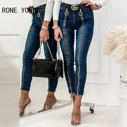 Women Solid Fashion Chic Zipper Decoration  Skinny Jeans Ankle Length Denim Pants