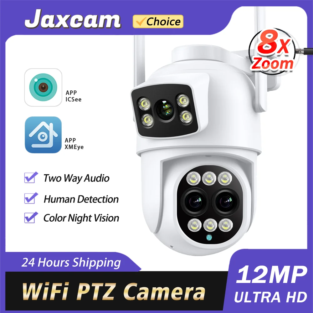 

12MP 6K 8X Zoom Outdoor WIFI Camera Three Lens Dual Screens PTZ Video Cameras Human detection Security CCTV Surveillance Camera