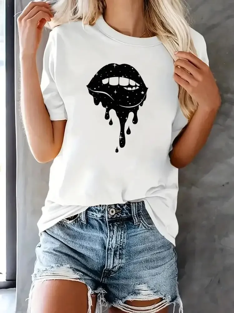 

T Shirt Fashion Tee Short Sleeve Printed Women Top Clothing Lip 90s Trend Cute 90s Female Casual Clothes Graphic T-shirts