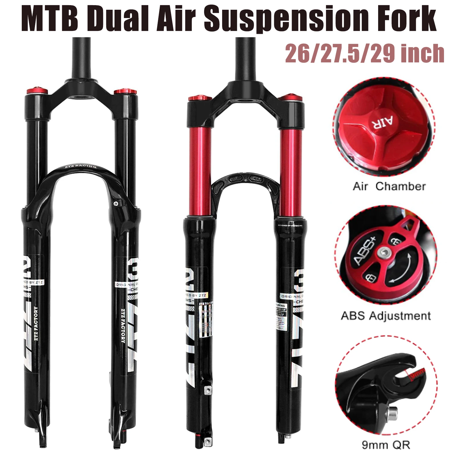 

26/27.5/29 inch MTB Dual Air Suspension Fork, 1 1/8 Straight Tube, 120mm Travel, QR 9mm×100mm, Manual Lockout, Lightweight Front Fork for XC/AM Mountain Bike