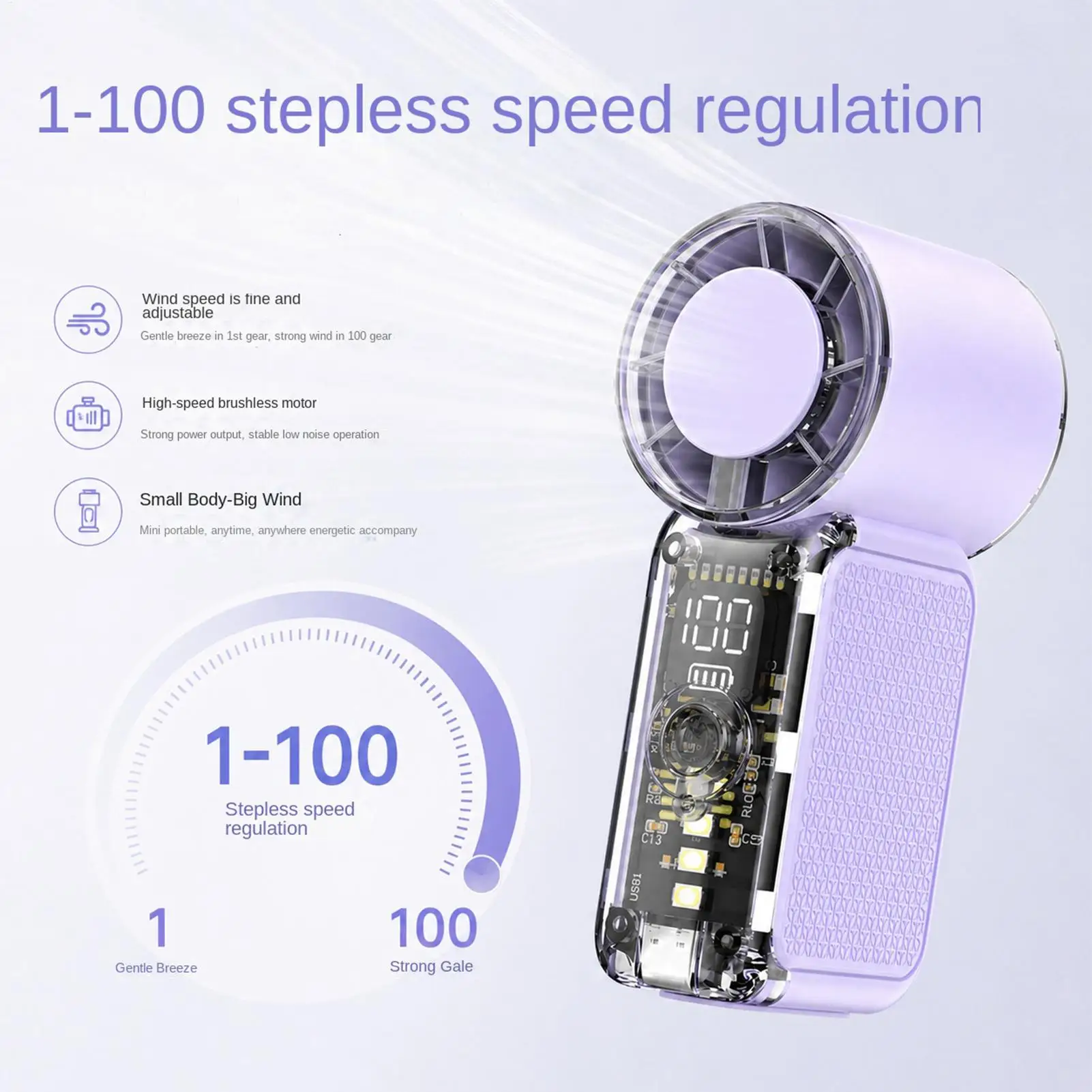 Summer Rechargeable Handheld Fan 100 Speed Settings Digital Display LED Light Portable Personal Cooling Gadget fo Travel Office