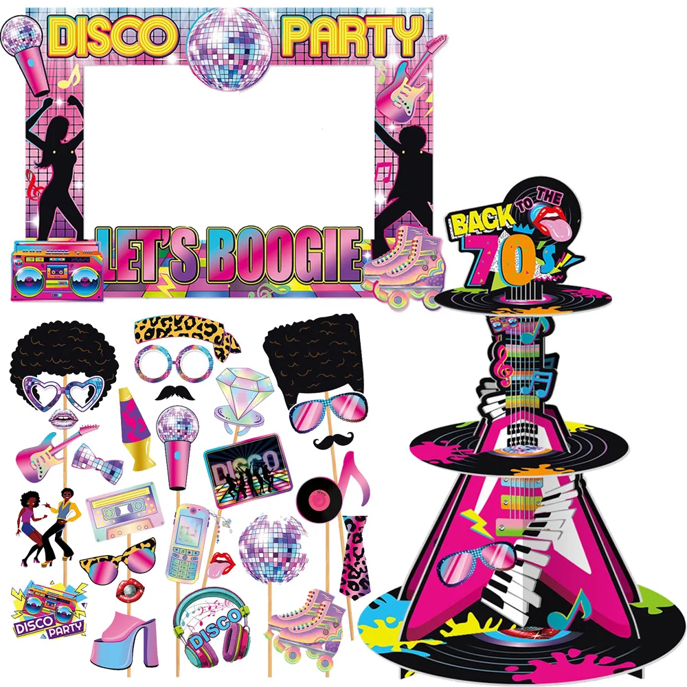 70er Jahre Cupcake-Ständer Party-Dekorationen Disco Foto-Requisiten Fotorahmen Handgehaltene Fotografie-Requisiten 70er Hip-Hop Geburtstagsparty-Zubehör