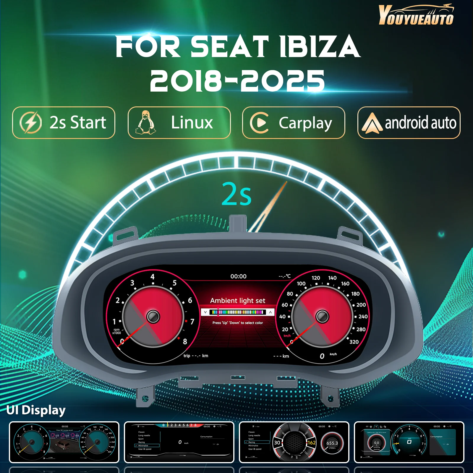 12,3'' LCD-Digital-Armaturenbrett für VW Seat Ibiza Baujahre 2018-2025, Auto-Instrumententafel, Cockpit-Tachometer mit Navigation