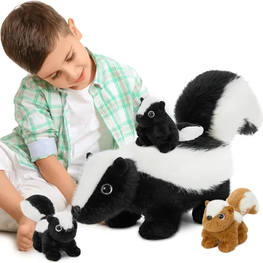 

4Pcs Giant Skunk Stuffed Animal Kawaii Plush Toy with 3 Baby Skunks Inside 22 Soft Brown Snuggle Toy for Woodland Animal Lovers