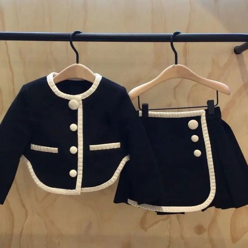2-teiliges Herbst-Outfit-Set für Mädchen – Langarm-Strickjacke mit asymmetrischem Saum + passendem Rock, stilvolles Coordiniertes Set