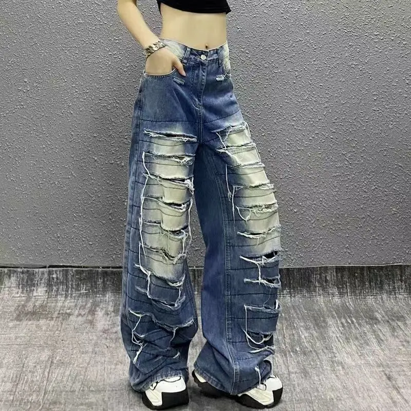 American Spice Girls Ripped Jeans And Drooping Wide-Leg Trousers Women Vintage Leg Denim Pants Gothic High Waist Baggy Trousers