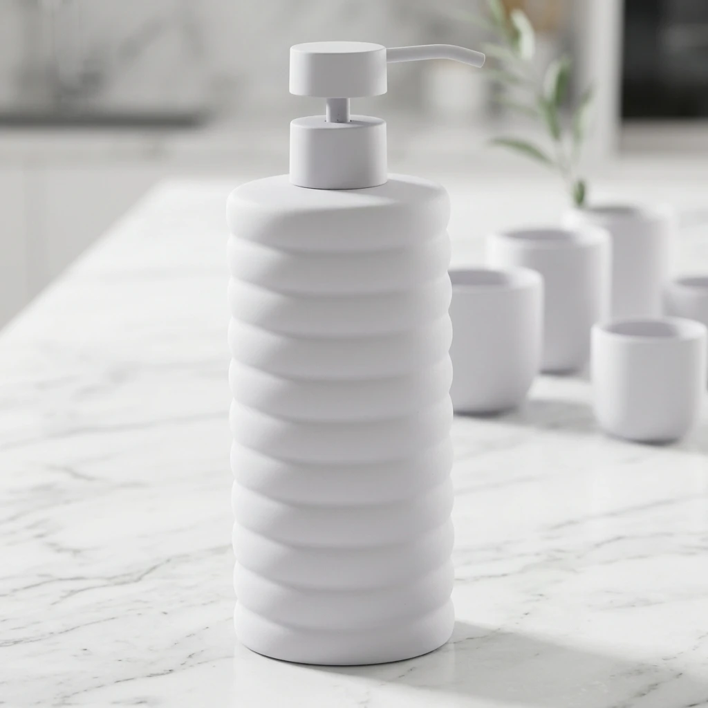 Bathroom Accessories Set,Matte White Ribbed Resin 6 Piece Set,Soap Dispenser Dish Tumbler Toothbrush Holder Toilet