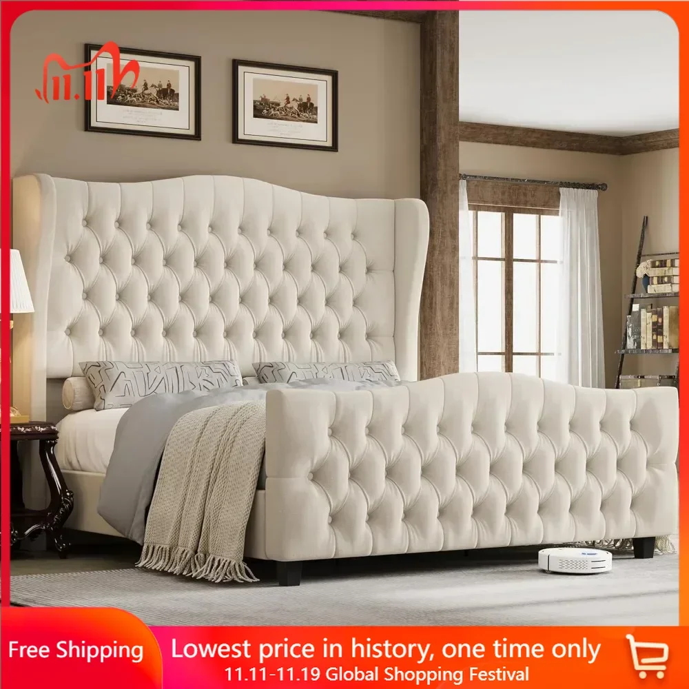 Bed Frame with Deep Button Tufted Wingback Headboard and Footboard, Velvet Upholstered Bed Frame