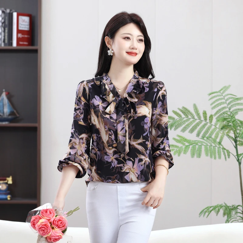جديد الخريف طويلة الأكمام المرأة بلوزة عادية موضة القوس الكشكشة طباعة بلوزة شيفون قميص المرأة بلايز Blusa Mujer
