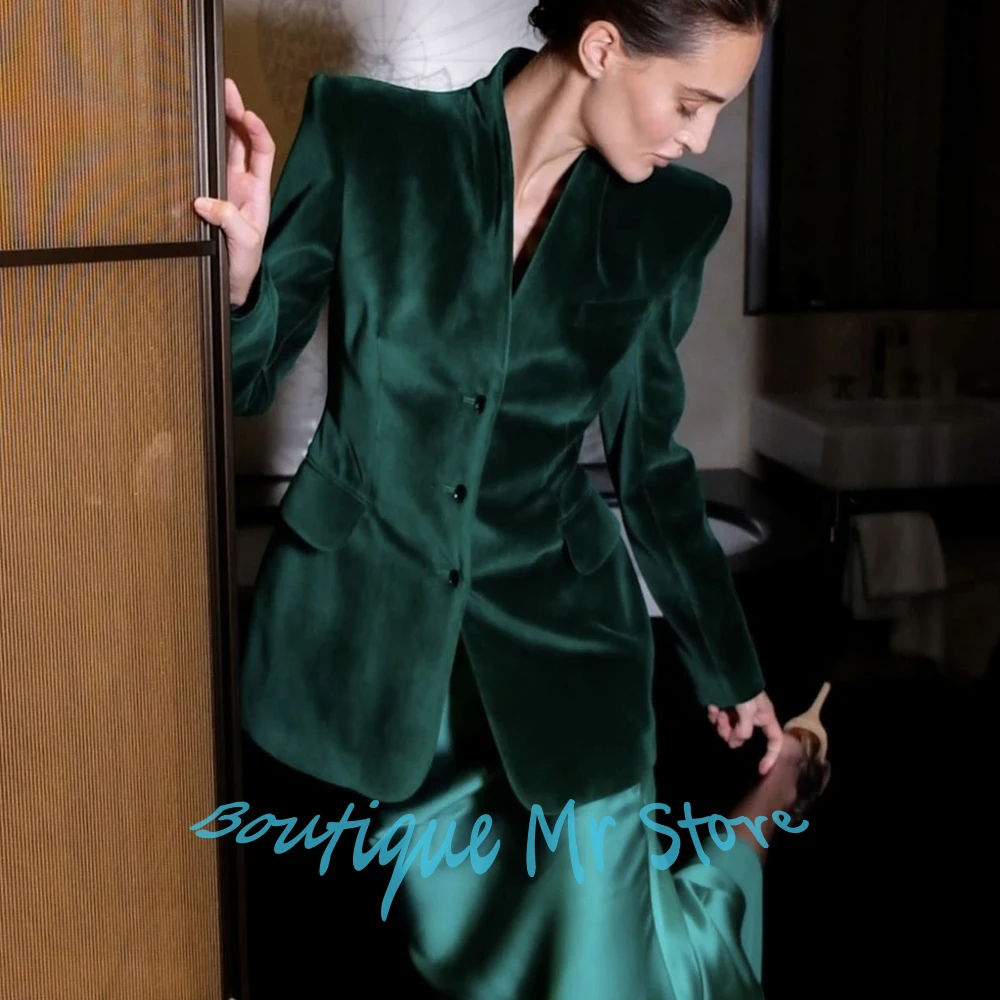 Luxury Emerald Green Velvet Suits Women's Jacket+Matching Satin Maxi Skirt Two Piece Set Elegant Evening Party Formal Outfit