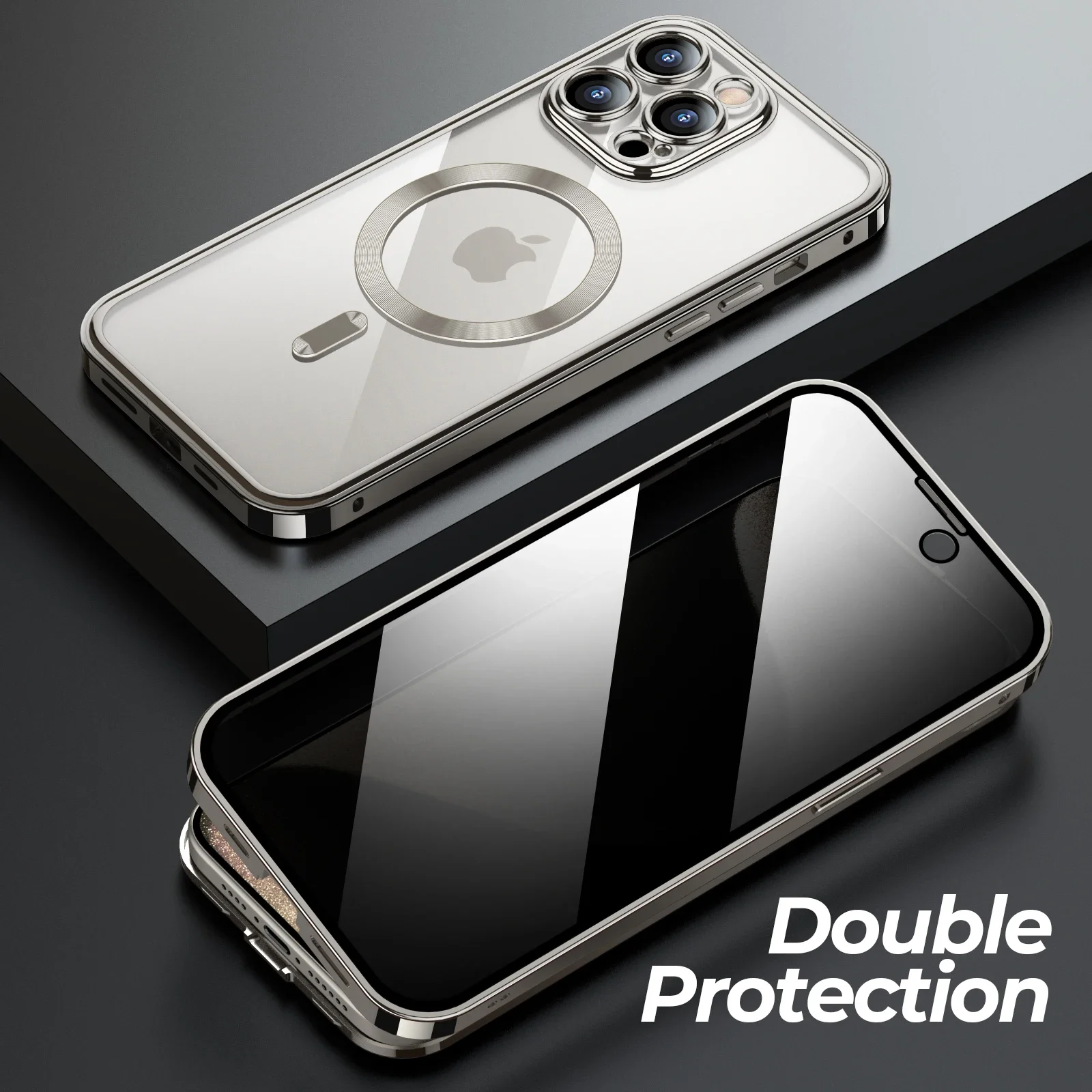 Alloy Bumper Dual Glass Cover for iPhone 15 Pro Max 14 Magsafe Case Full-Body Metal Frame 9H Privacy HD Screen Protector