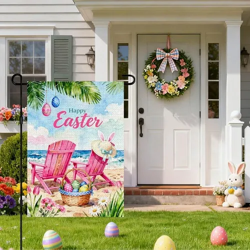 Happy Easter Garden Flag Pink Beach Chair Style Double Sided, 12x18 Inch XXQ