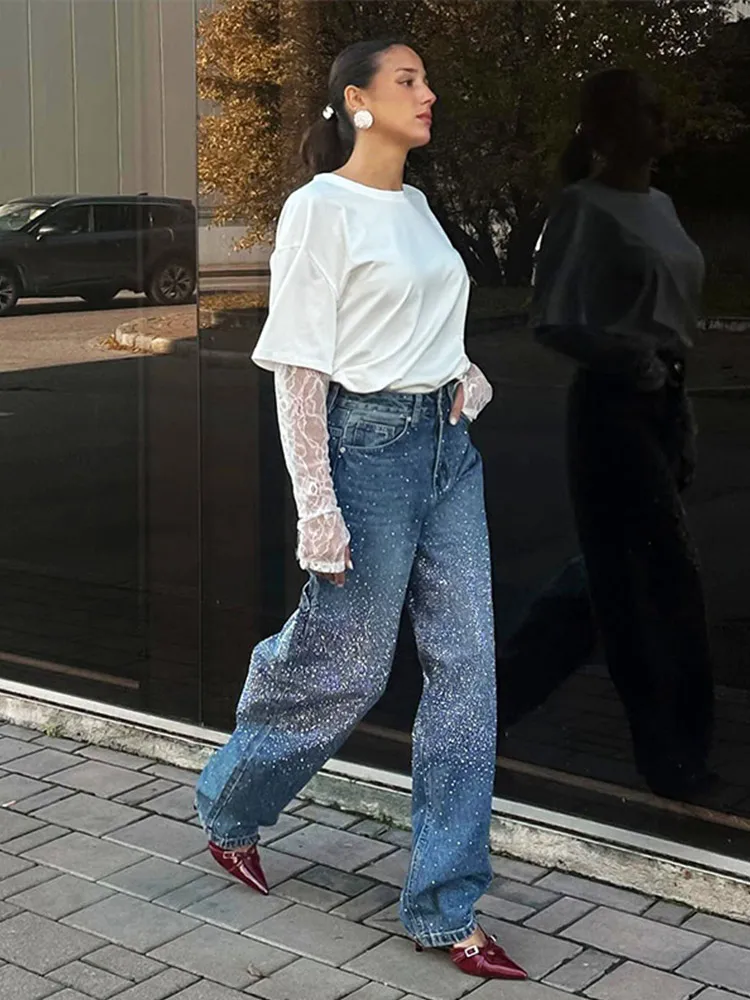 Rhinestone Wide Leg Lady Jeans Diamonds Denim Straigt High Waist Zipper Female Pants 2025 Fashion Pockets Street Lady Trouser