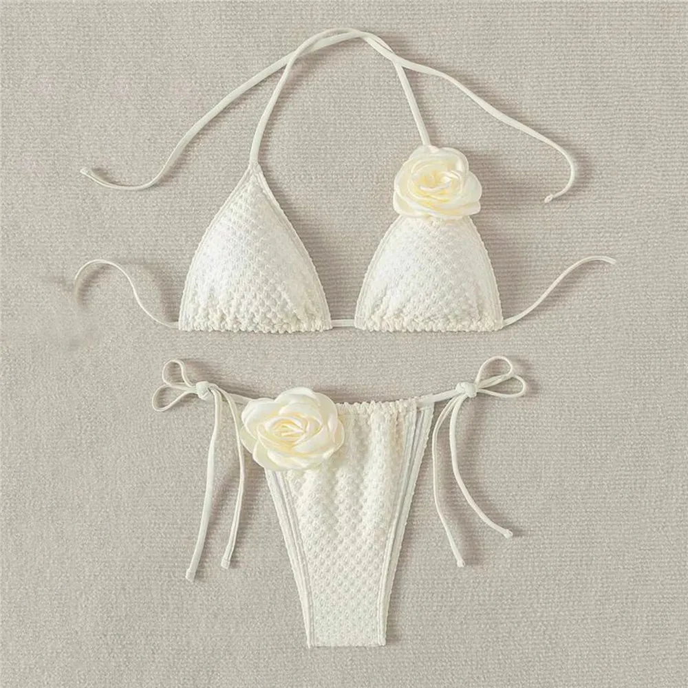 

3D цветок треугольник стринги Холтер бикини комплект микро мини-стринги сексуальный купальник однотонный белый купальник женский 2025 купальный костюм бикини