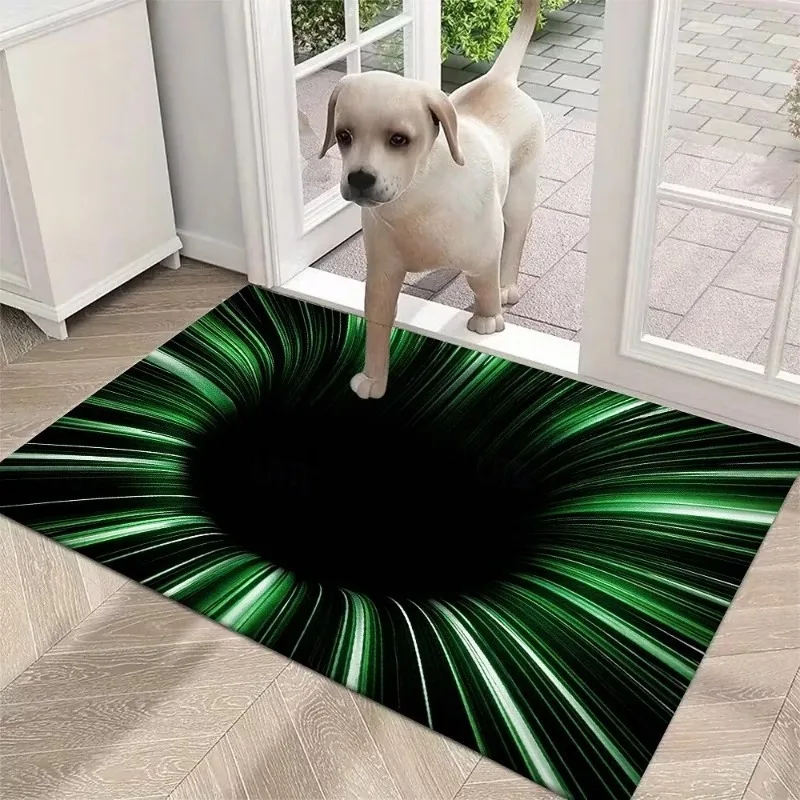 3D Optical Illusion Doormat Green Vortex Tunnel Design 2D Flat Print Welcome MatNon-Slip Rug Modern Living Room Carpet Sofa Mat