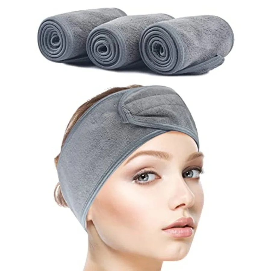 

SINLAND Spa Headband for Women 3 Counts Ultra Soft Adjustable Makeup Hair Band with Magic Tape, Terry Cloth Stretch Head Wrap f