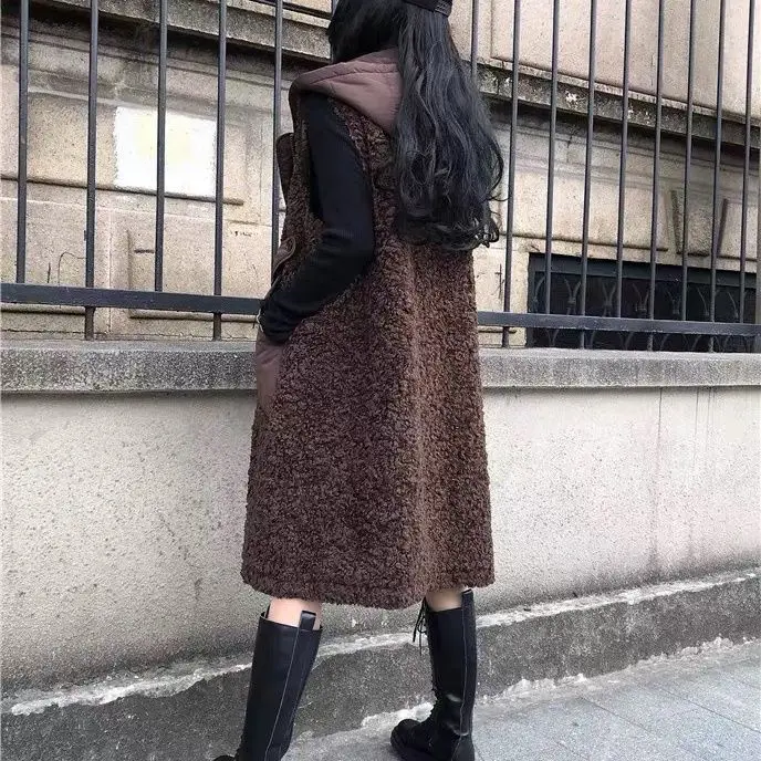 2025 inverno novo colete feminino solto com capuz longo regata