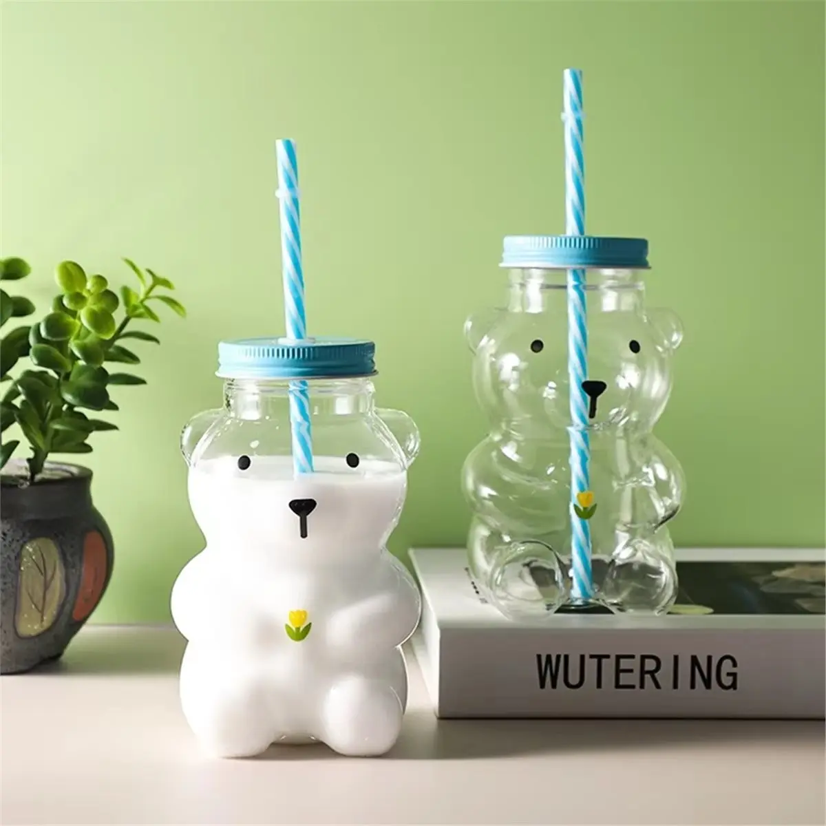 Industrial Tools LittleBear Glass Straw Cup, Fresh and Heat-, Cute Bear Juice, Coffee, and Milk Cup,Borosilicate Glass