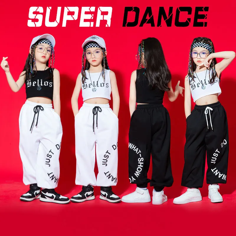 

Children Jazz Dance Costumes For Girls White Vest Hiphop Pants Outfits Modern Dance Hip Hop Clothes Girl Street Dance Wear