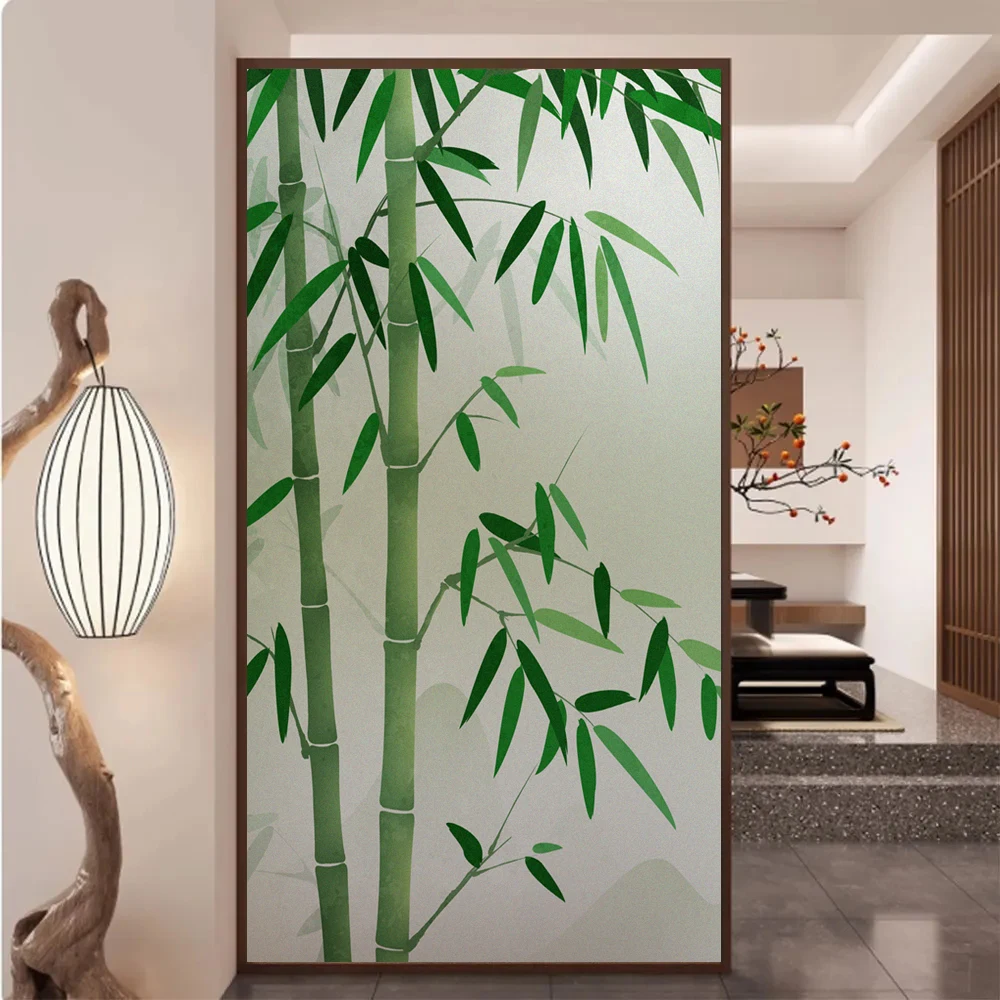 Static Cling Privacy Window Film Heat Control UV Blocking Window Glass Sticker Frosted Green Bamboo Window Tint