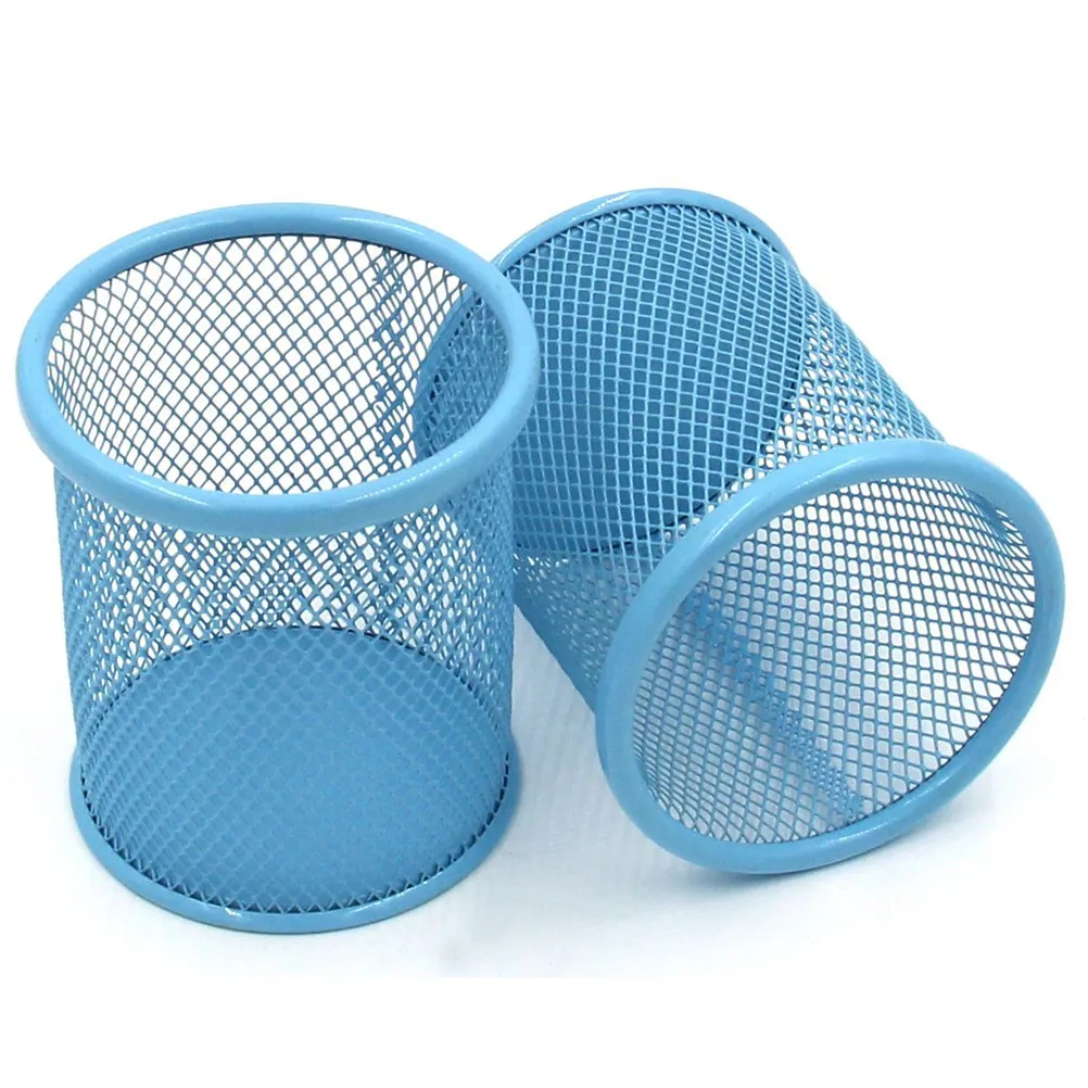2pcs 3.5 Inch Round Mesh Steel Pencil Holder, Blue Metal Pen Container, Durable Ventilated Desk Organizer for Office Home School