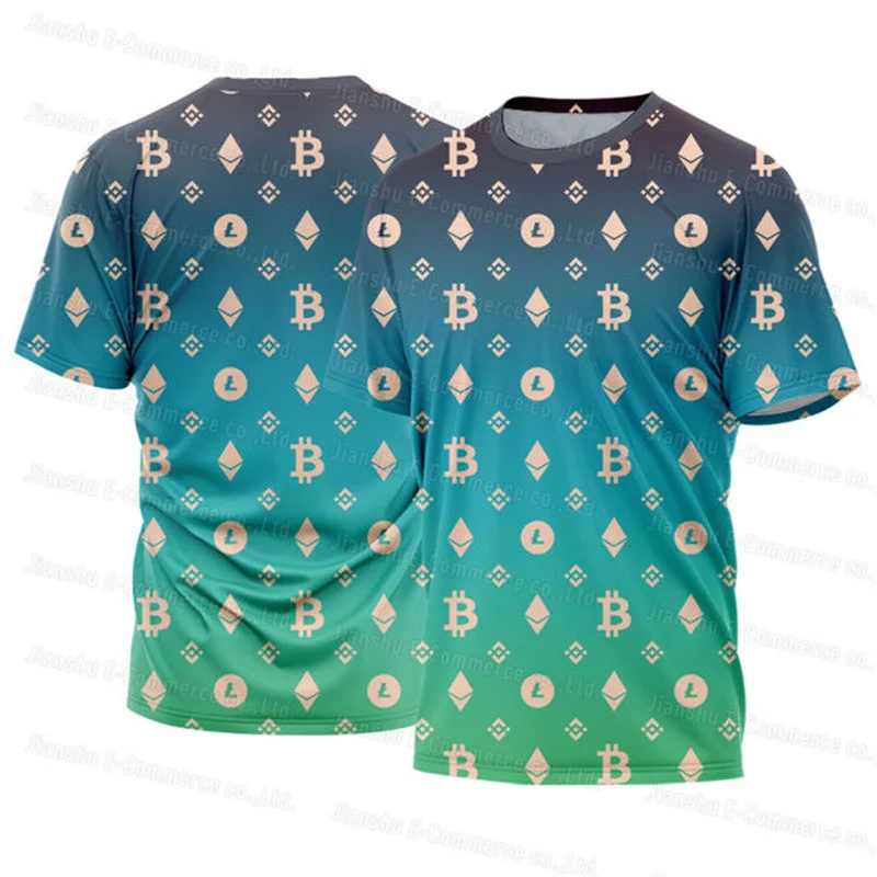 Camiseta gráfica Bitcoin masculina, roupa personalizada, férias, lazer, respirável, manga curta, blusa com o pescoço, moda verão