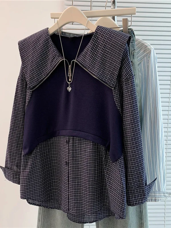 Faion دمية طوق منقوشة الربط طويل Sve irt المرأة فضفاضة حجم كبير التخسيس وهمية قطعتين أعلى الخريف 2025 البحرية Sle