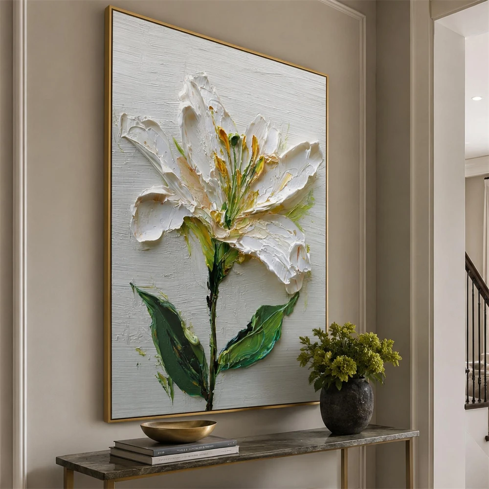 White Lily Oil Painting Prints Textured Floral Wall Art Poster Minimalist Modern Botanical Home Decor Canvas Painting Decor