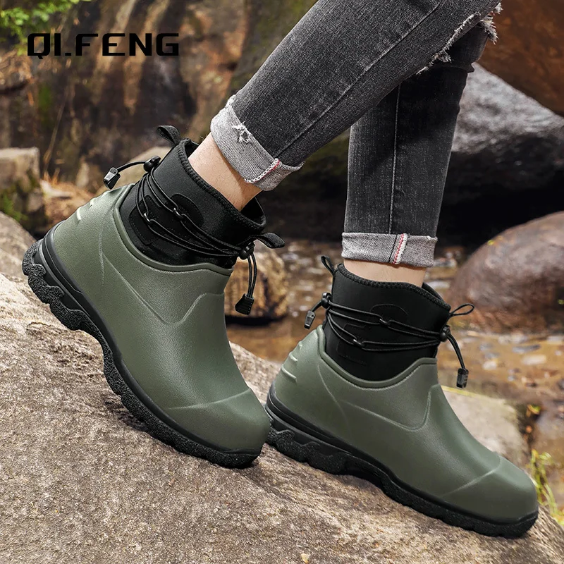 Men\'s Rain Shoes Leather Top Thick Sole High Top Anti Slip Water Shoes Outdoor Mountaineering Plush Warm Boots Work Safety Boots