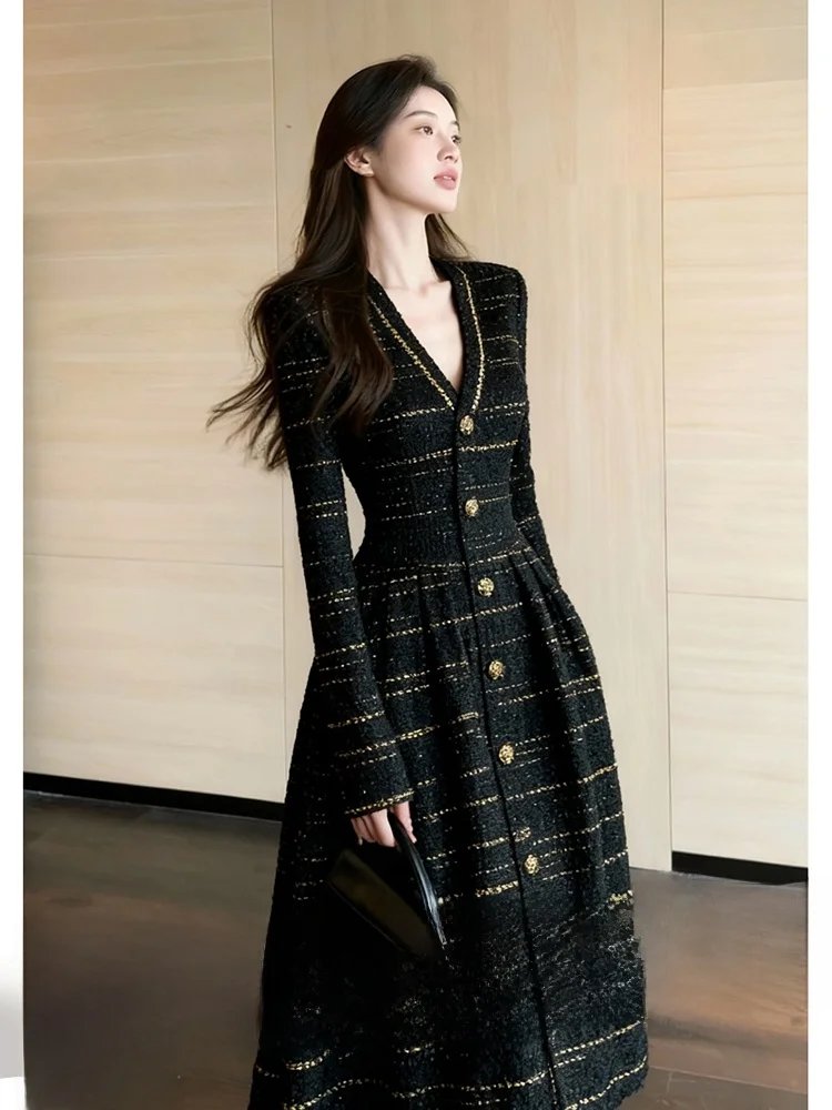 Elegant V-Neck Long Sleeve A-Line Dress Women's Fashionable Autumn Winter New Arrival Light Luxury Style Ladies Skirt