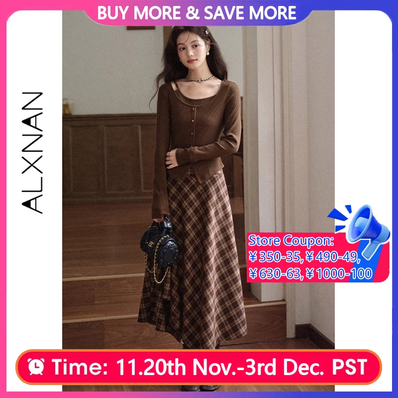 

ALXNAN женский осенний свитер 2025 коричневый винтажный элегантный вязаный пуловер с накладным двухслойным воротником асимметричный подол трикотаж L569116