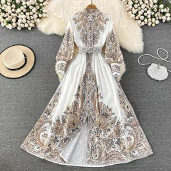 Spring Autumn Floral Elegant Long Sleeve Long Dresses For Women White/Black Printed Female Luxury Eveing Party Boho Maxi Dress