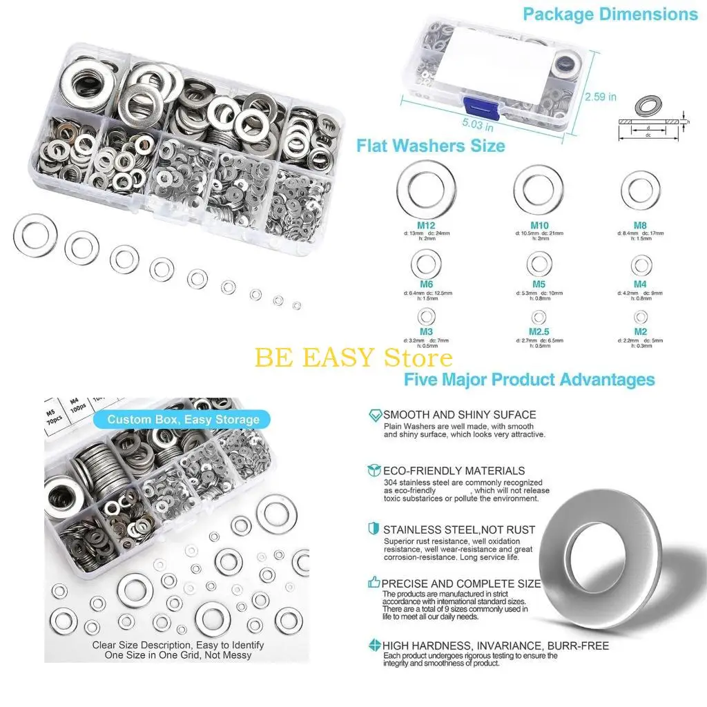 

E28F Comprehensive 800Pieces Flat Washer Set Sturdy Stainless Steel Practical Screw and Bolt Washers in Multiple Size