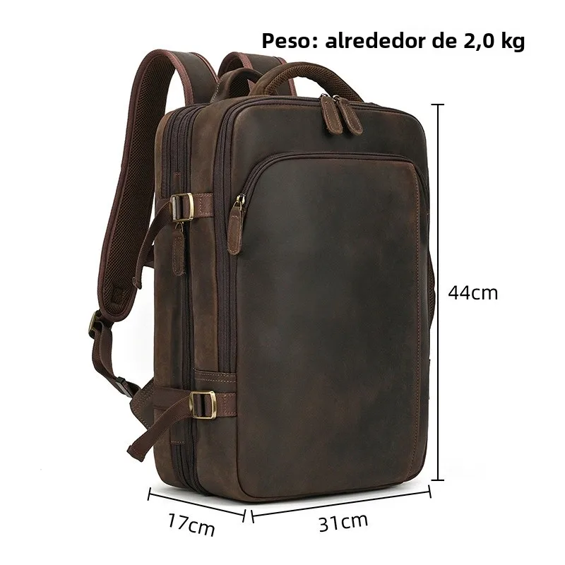 Mochila Retro de Cuero Crazy  para Hombre, Mtín de an Capacidad, 7 Puadas, Capa Superior de Piel de Vaca, Mochil...