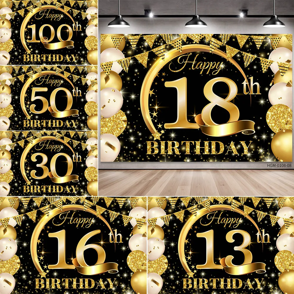 

Happy 18th Birthday gold Background Banner For Man Woman Balloon Curtain 40 Years Anniversary Party photography backdrop Decor