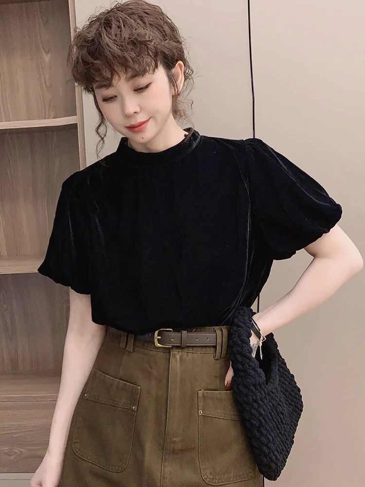 Slimming Velvet Bubble Sve T-irt Comfortable Versatile Women's Base irt Korean Sle round Ne ort Sve Top