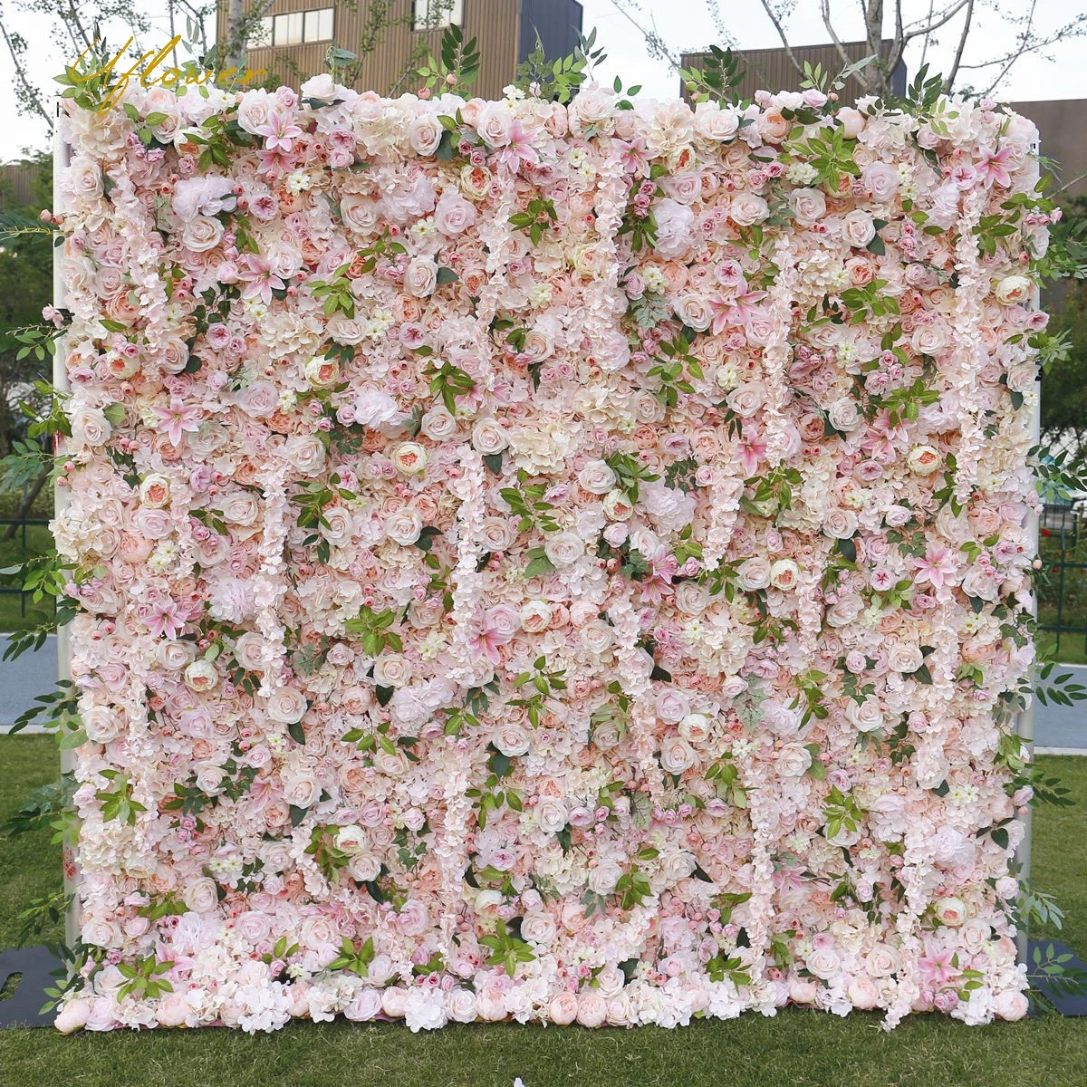 Uflower Wedding Green Pink Rose Artificial Flower Wall Row Arch Backdrop Fake Floral Event Party Props Floral Arrangement Decor