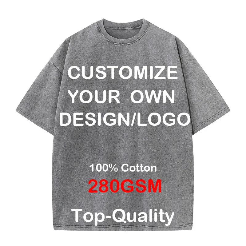 Custom Logo Wholesale 280gsm heavy weight T Shirt Men Hip Hop Vintage Washed Oversized Streetwear 100% Cotton DIY Brand Logo Tee